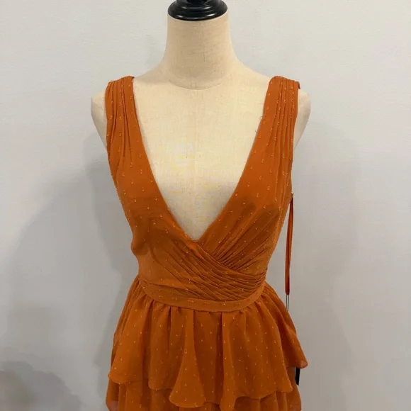 leena For Mac Duggal Burnt Orange Polka Dot Ruffle Tiered Maxi Gown - Reemoly